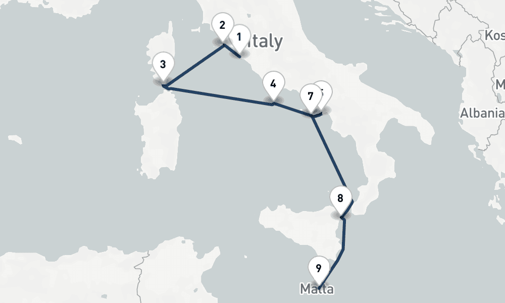 7 nights / 8 days, one-way from Civitavecchia (Rome, Italy) to Valletta
