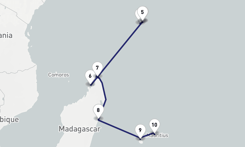 13 nights / 14 days, one-way from Mahe Island (Victoria, Seychelles) to Port Louis (Mauritius Island)