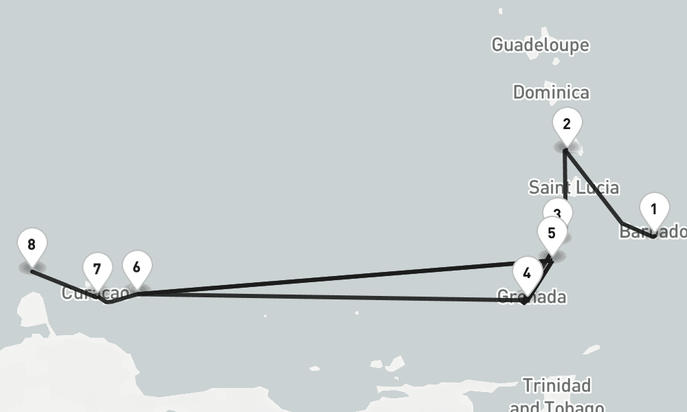 8 nights / 9 days, one-way from Bridgetown (Barbados) to Oranjestad (Aruba Island, Dutch Antilles)