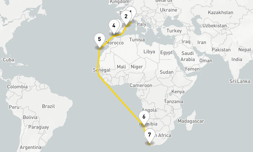19 nights / 20 days, one-way from Marseille to Cape Town
