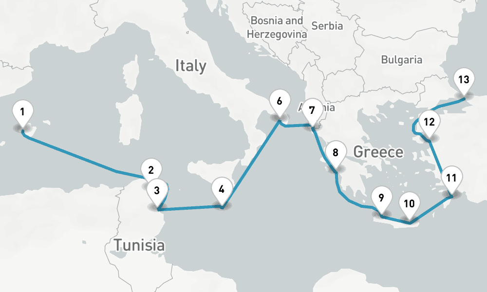 14 nights / 15 days, one-way from Palma de Mallorca (Majorca Island, Spain) to Istanbul