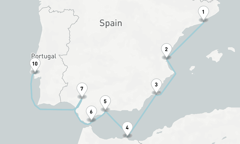 10 nights / 11 days, one-way from Barcelona to Lisbon
