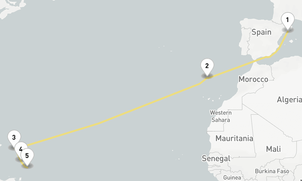 14 nights / 15 days, one-way from Barcelona to Bridgetown (Barbados)