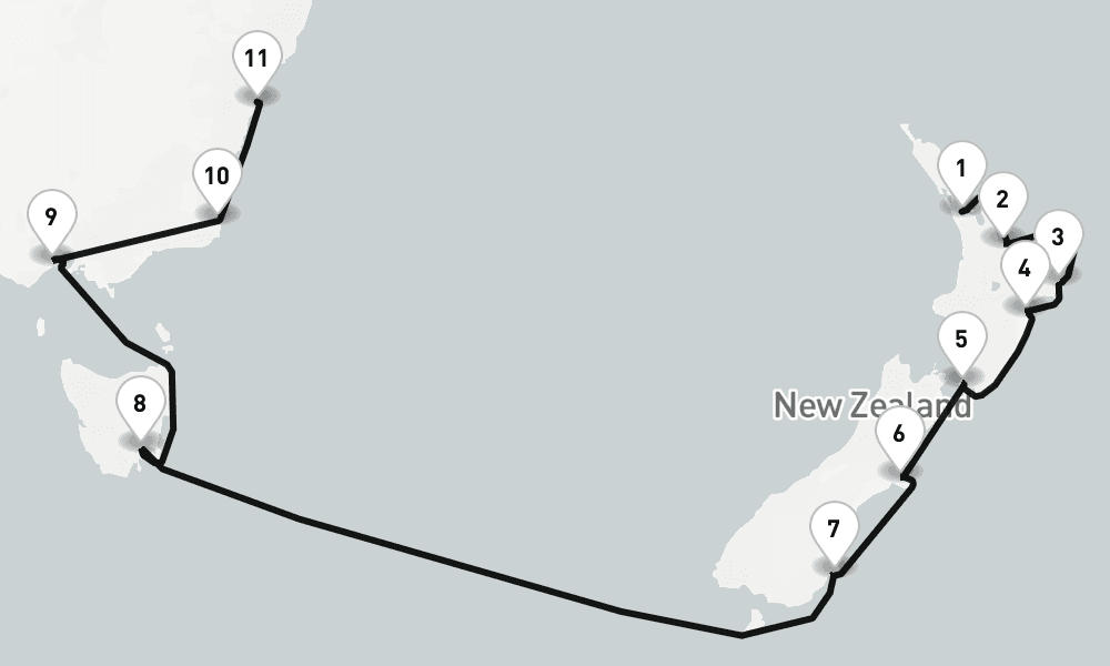15 nights / 16 days, one-way from Auckland to Sydney (NSW, Australia)