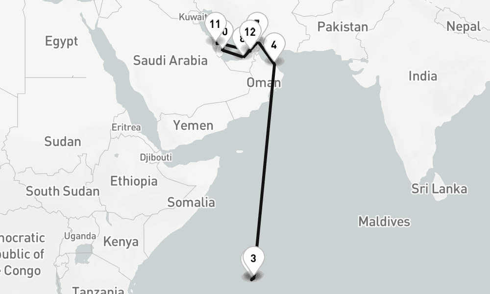 17 nights / 18 days, one-way from Mahe Island (Victoria, Seychelles) to Dubai (Port Rashid, UAE)