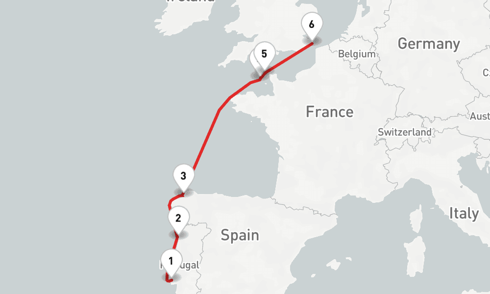 7 nights / 8 days, one-way from Lisbon to Dover (England)