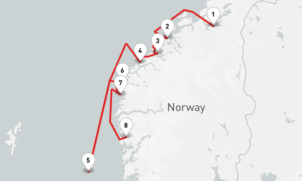 1 nights / 2 days, one-way from Trondheim to Bergen