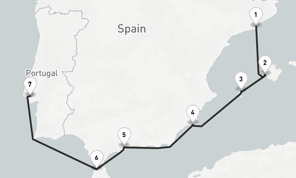 7 nights / 8 days, one-way from Barcelona to Lisbon
