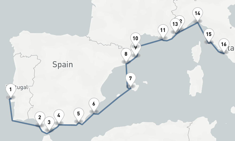 16 nights / 17 days, one-way from Lisbon to Civitavecchia (Rome, Italy)