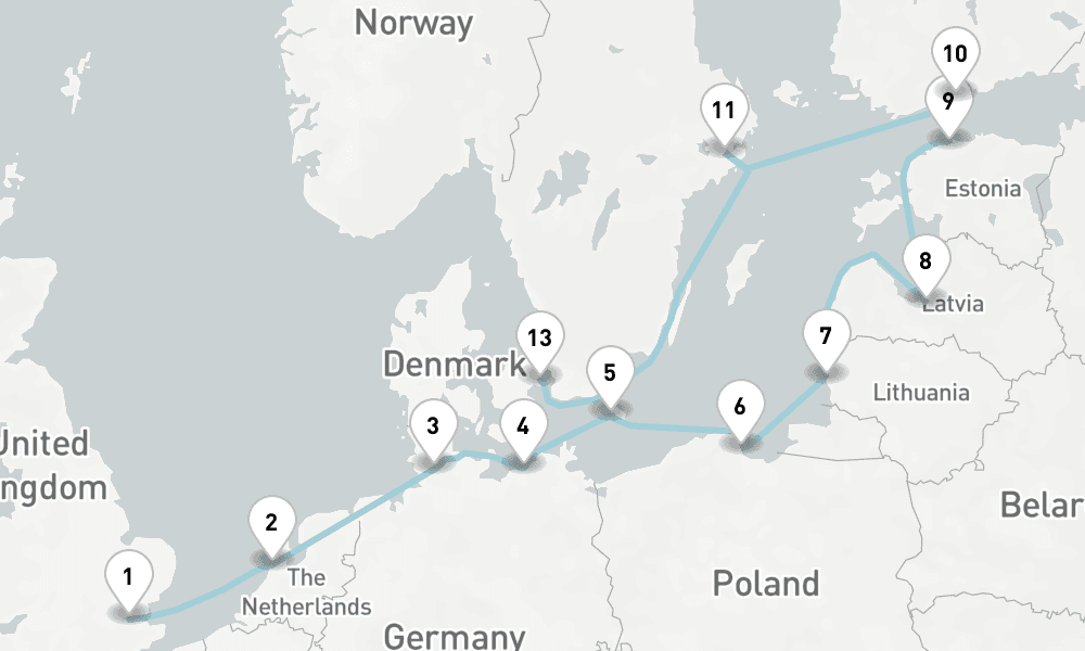 14 nights / 15 days, one-way from Tilbury (London, England) to Copenhagen
