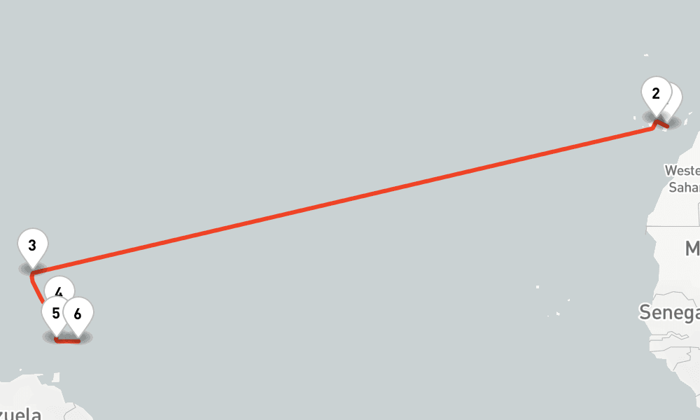 11 nights / 12 days, one-way from Las Palmas (Gran Canaria, Canary Islands) to Bridgetown (Barbados)
