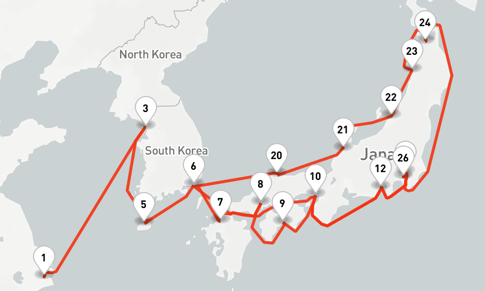 29 nights / 30 days, one-way from Shanghai to Yokohama (Tokyo, Japan)