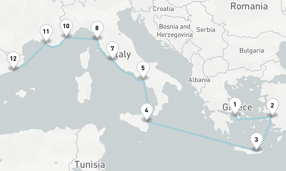 12 nights / 13 days, one-way from Piraeus (Athens, Greece) to Barcelona