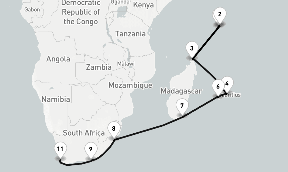 16 nights / 17 days, one-way from Mahe Island (Victoria, Seychelles) to Cape Town