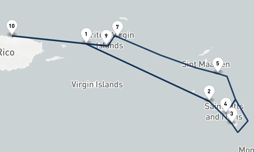 7 nights / 8 days, one-way from Saint Thomas Island (Charlotte Amalie, USVI) to San Juan (Puerto Rico)
