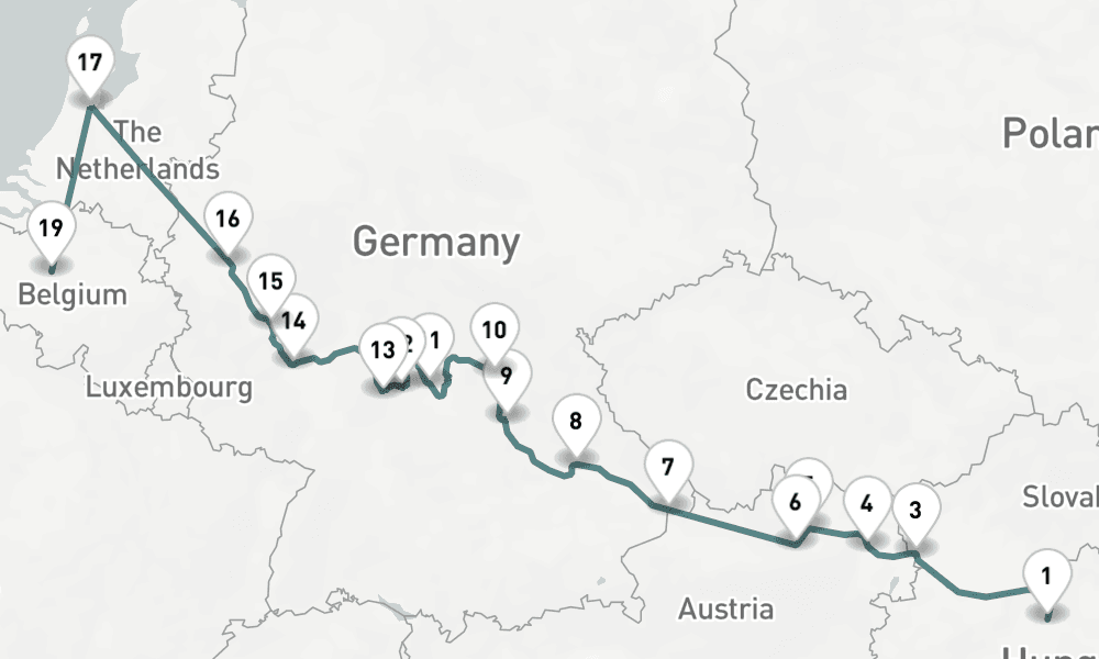 17 nights / 18 days, one-way from Budapest to Brussels