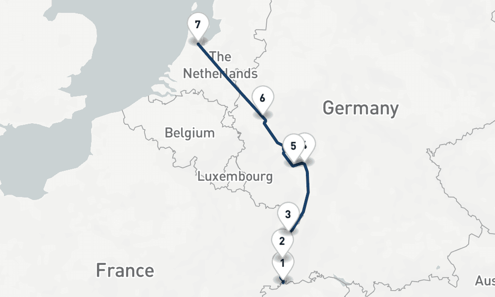 7 nights / 8 days, one-way from Basel to Amsterdam (Holland)