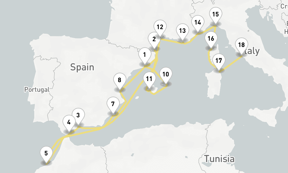 20 nights / 21 days, one-way from Barcelona to Civitavecchia (Rome, Italy)