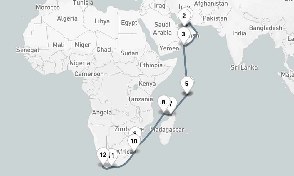 20 nights / 21 days, one-way from Dubai (Port Rashid, UAE) to Cape Town