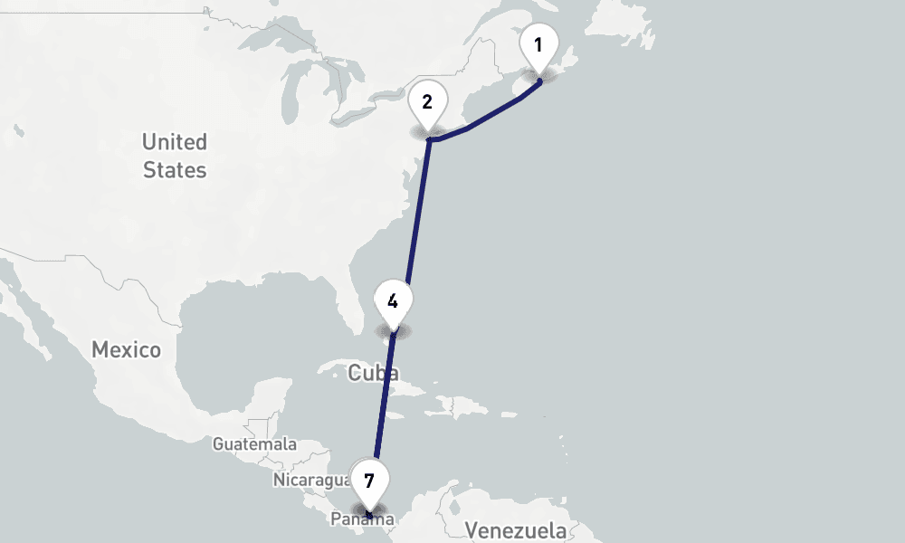 14 nights / 15 days, one-way from Halifax (Nova Scotia, Canada) to Panama City (Fuerte Amador, Balboa)