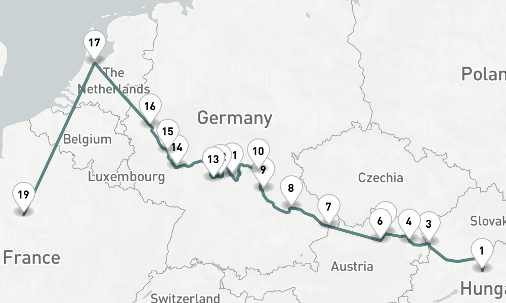 17 nights / 18 days, one-way from Budapest to Paris