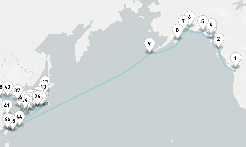 114 nights / 115 days, one-way from Vancouver (BC Canada) to Auckland
