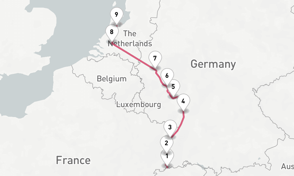 7 nights / 8 days, one-way from Basel to Amsterdam (Holland)