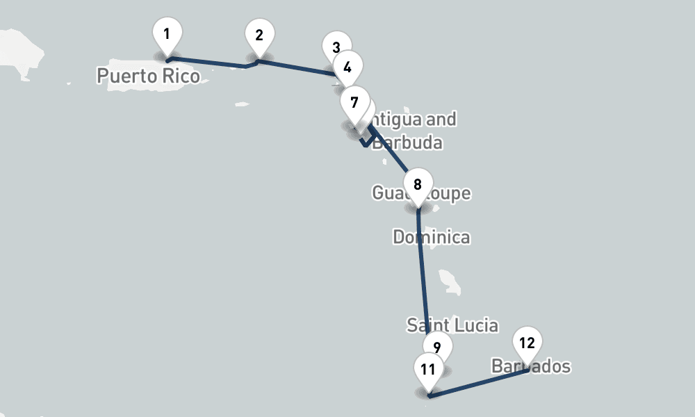 10 nights / 11 days, one-way from San Juan (Puerto Rico) to Bridgetown (Barbados)