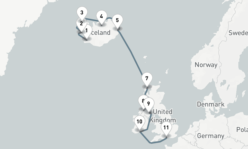 12 nights / 13 days, one-way from Reykjavik to Southampton (England)