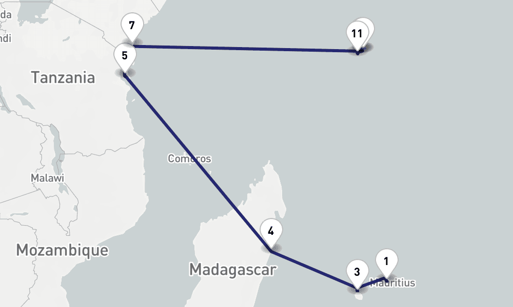 16 nights / 17 days, one-way from Port Louis (Mauritius Island) to Mahe Island (Victoria, Seychelles)