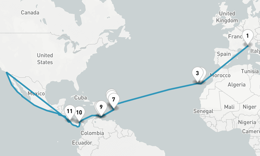 25 nights / 26 days, one-way from Savona to Puntarenas (Puerto Caldera, Costa Rica)
