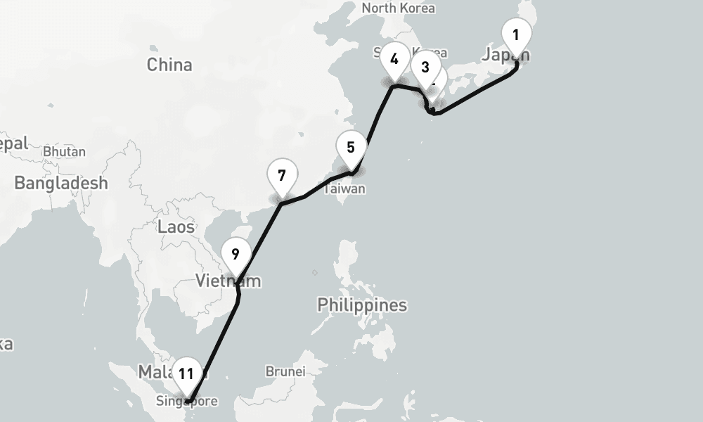 16 nights / 17 days, one-way from Tokyo to Singapore