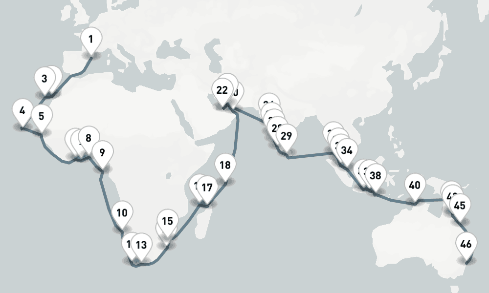 82 nights / 83 days, one-way from Barcelona to Sydney (NSW, Australia)