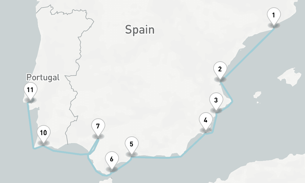 11 nights / 12 days, one-way from Barcelona to Lisbon