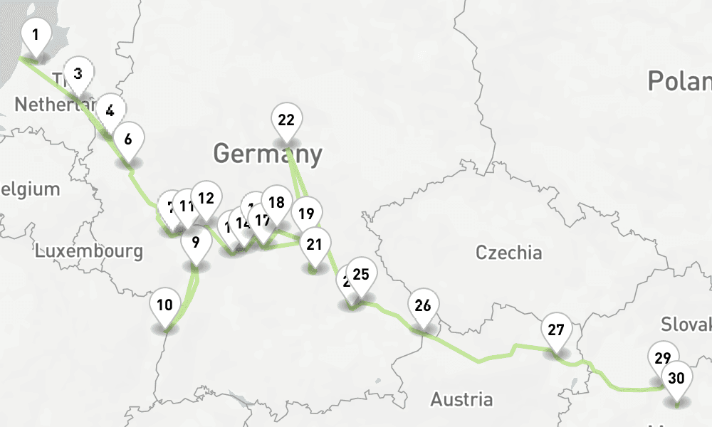 18 nights / 19 days, one-way from Amsterdam (Holland) to Budapest