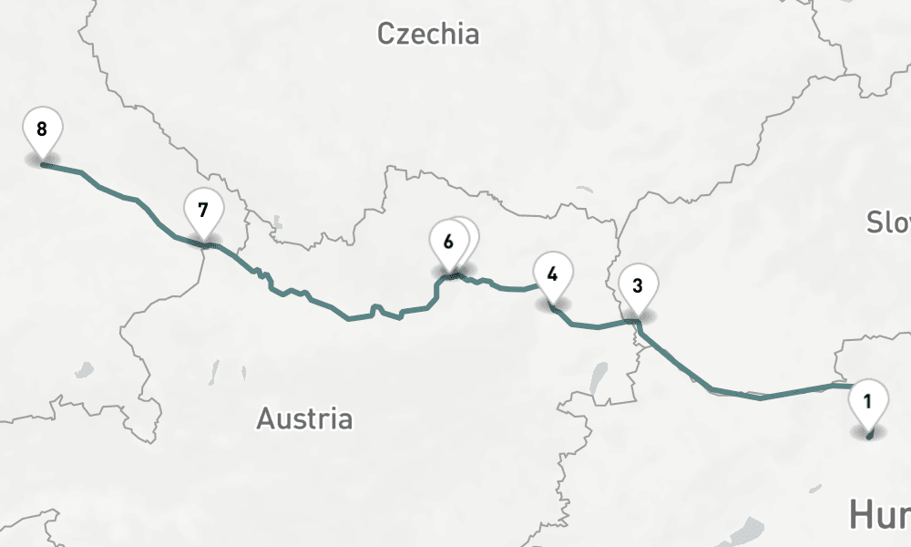 7 nights / 8 days, one-way from Budapest to Regensburg