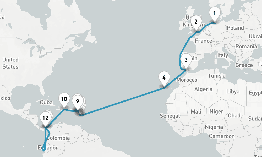 28 nights / 29 days, one-way from Bremerhaven (Bremen, Germany) to Panama City (Fuerte Amador, Balboa)