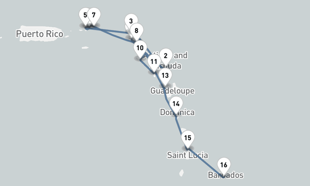 14 nights / 15 days, one-way from Philipsburg (St Maarten Island, Dutch Antilles) to Bridgetown (Barbados)