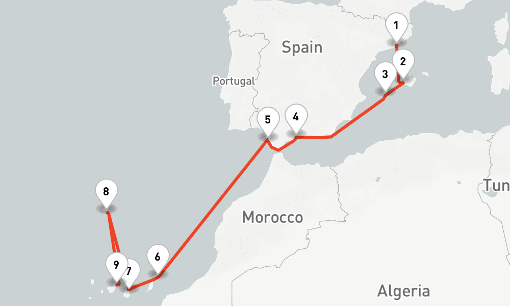 12 nights / 13 days, one-way from Barcelona to Santa Cruz de Tenerife (Canary Islands)