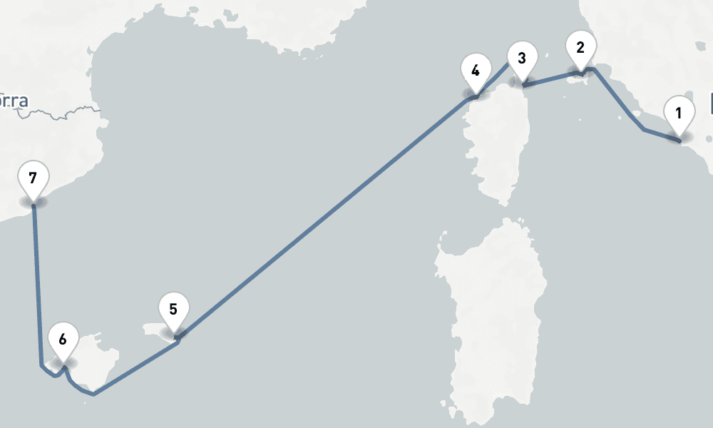 7 nights / 8 days, one-way from Civitavecchia (Rome, Italy) to Barcelona