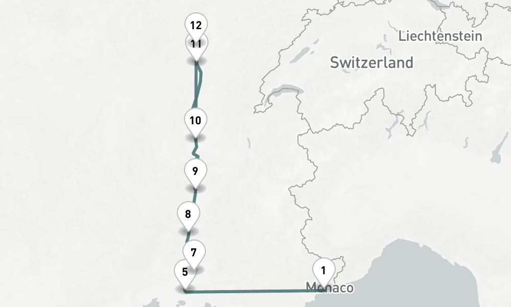 10 nights / 11 days, one-way from Villefranche-sur-Mer (Nice, France Riviera) to Lyon