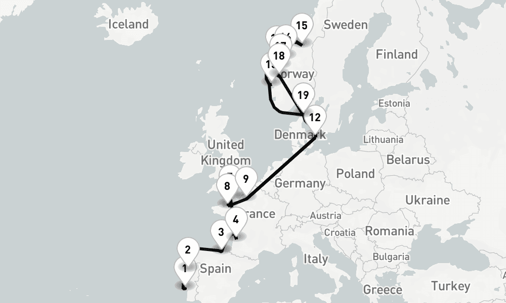 25 nights / 26 days, one-way from Lisbon to Copenhagen