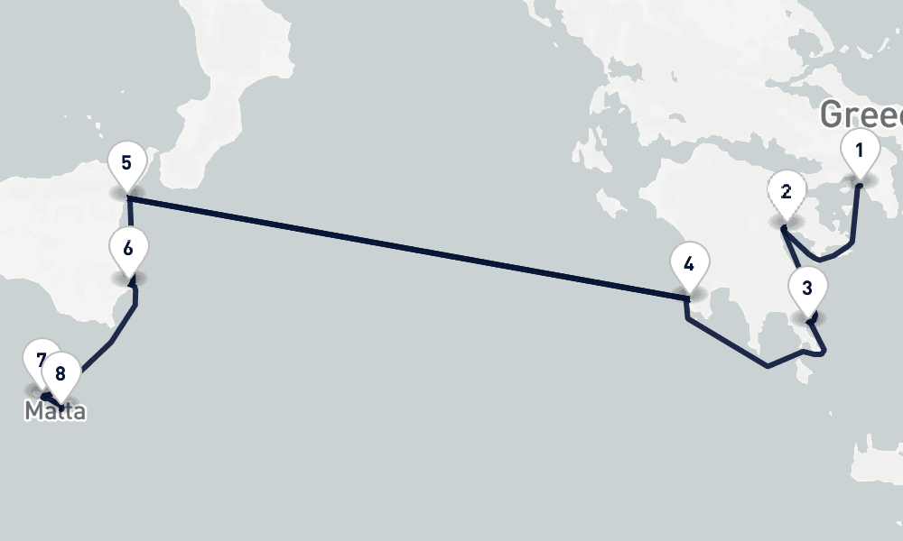 8 nights / 9 days, one-way from Piraeus (Athens, Greece) to Valletta