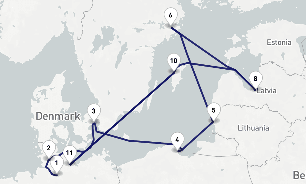 12 nights / 13 days, one-way from Hamburg to Travemunde (Lubeck, Germany)