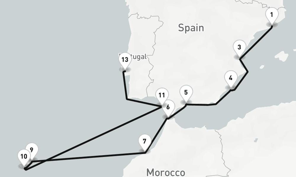14 nights / 15 days, one-way from Barcelona to Lisbon
