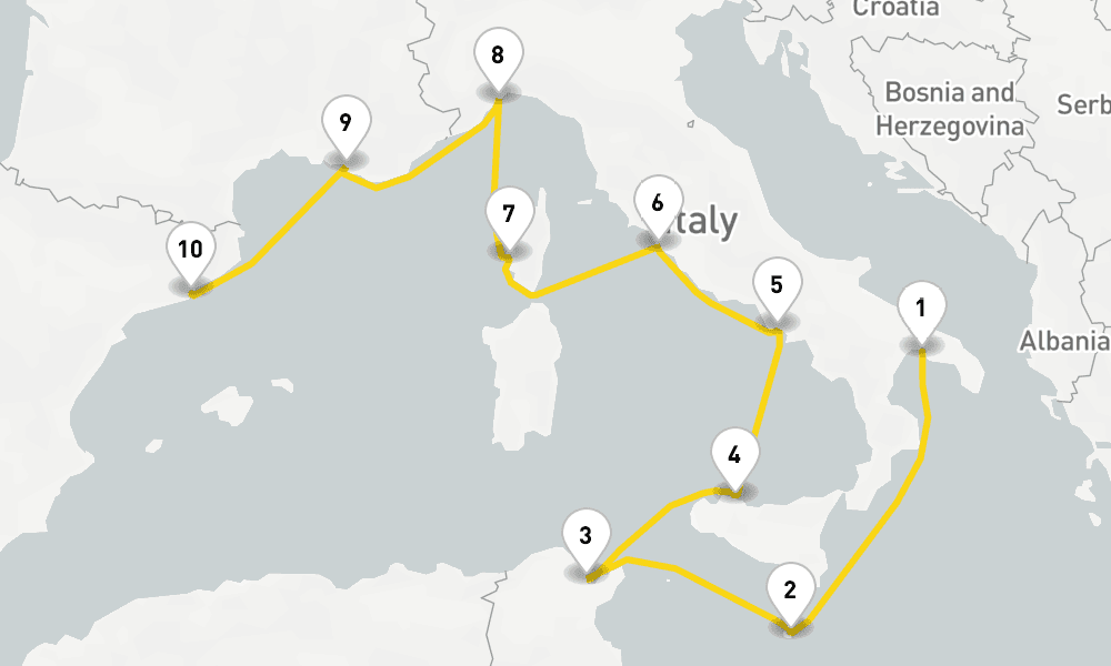 9 nights / 10 days, one-way from Taranto to Barcelona