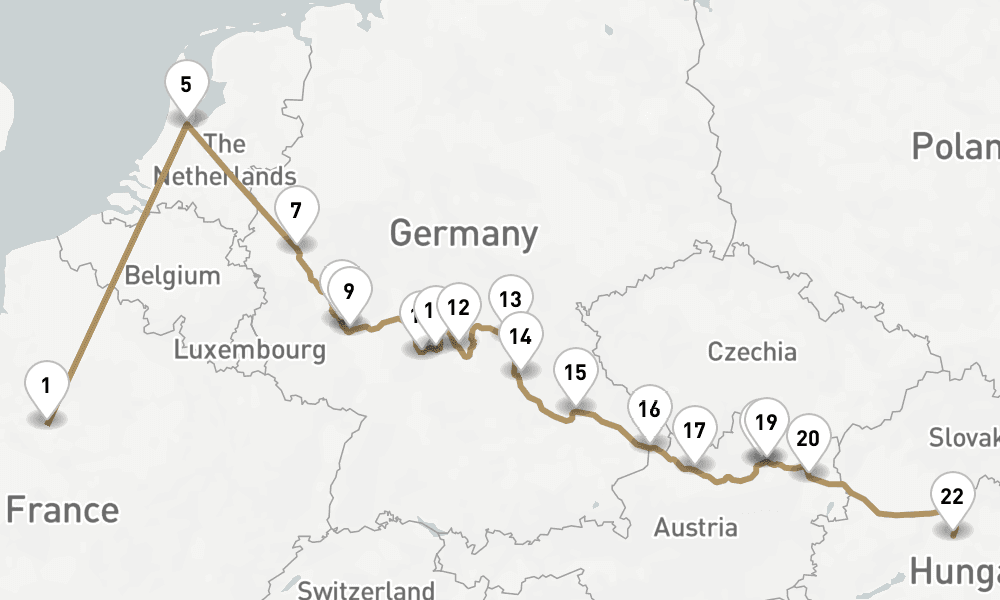 17 nights / 18 days, one-way from Paris to Budapest