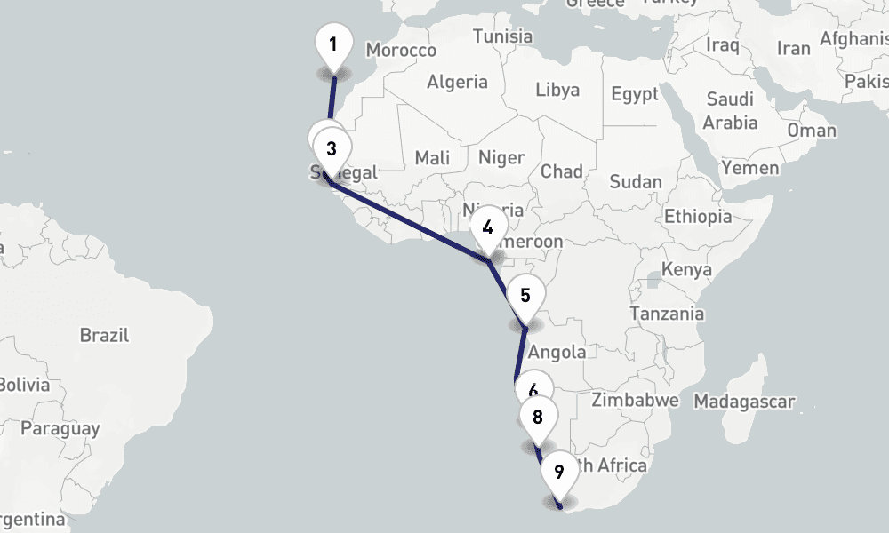 20 nights / 21 days, one-way from Santa Cruz de Tenerife (Canary Islands) to Cape Town