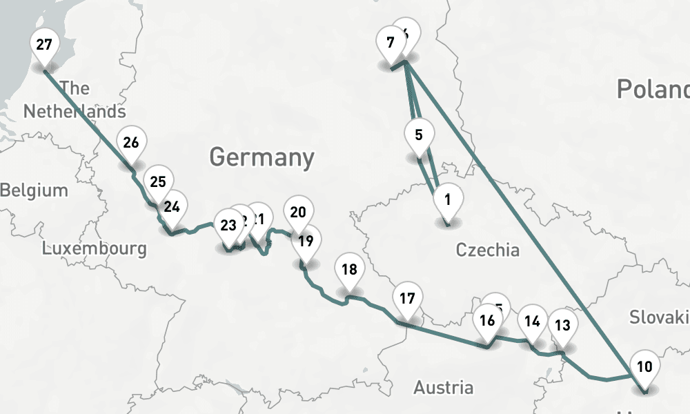 24 nights / 25 days, one-way from Prague (Czech Republic) to Amsterdam (Holland)