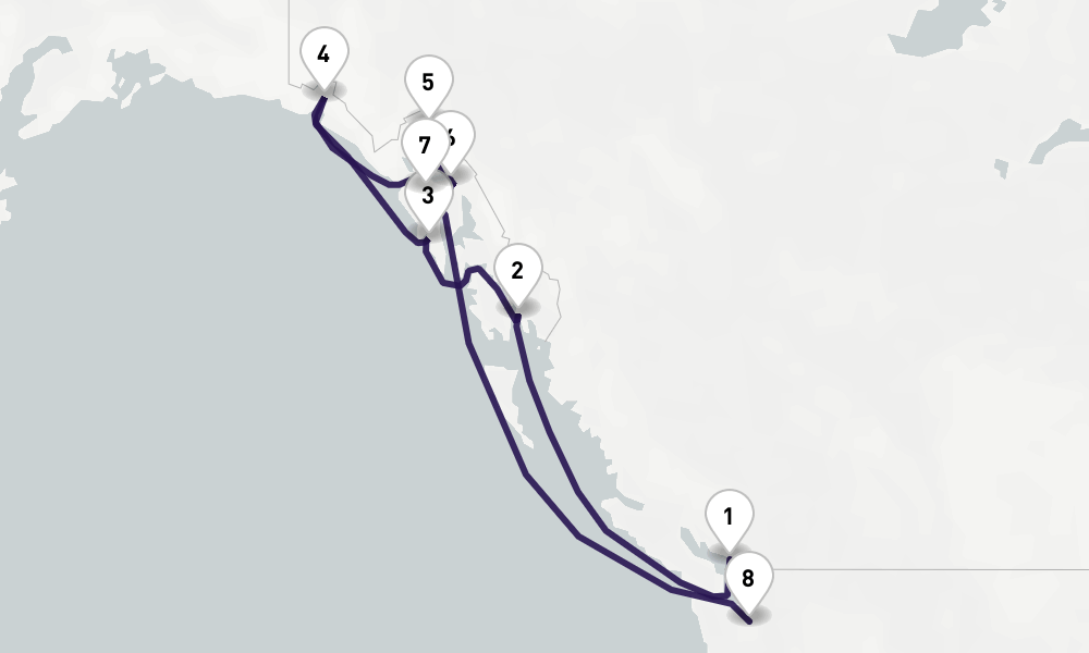 10 nights / 11 days, one-way from Vancouver (BC Canada) to Seattle (Washington)